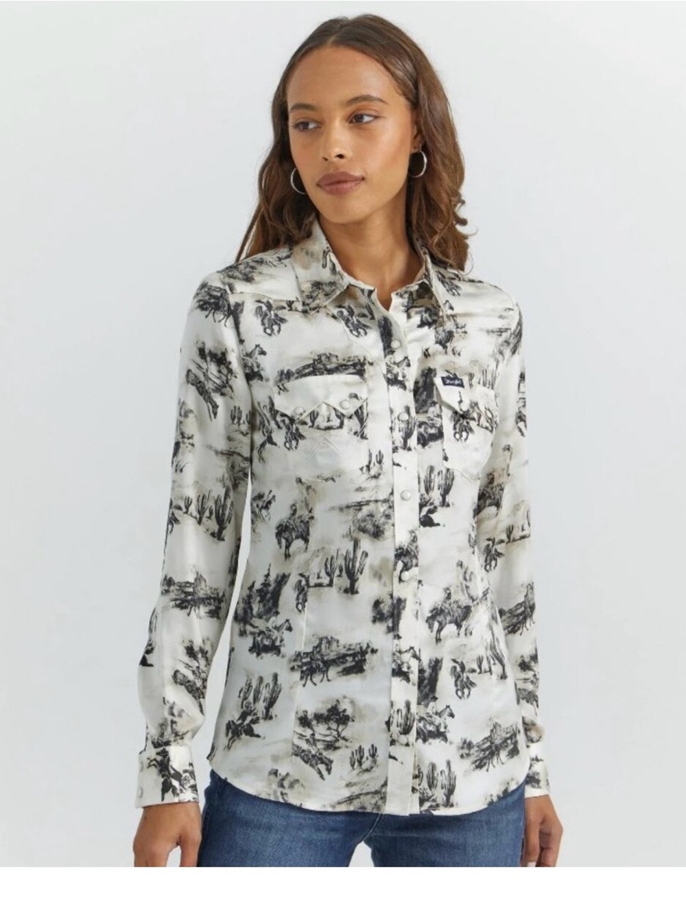 Wrangler Retro Western Rodeo Print Pearl Snap Shirt XL Womens Shirt
